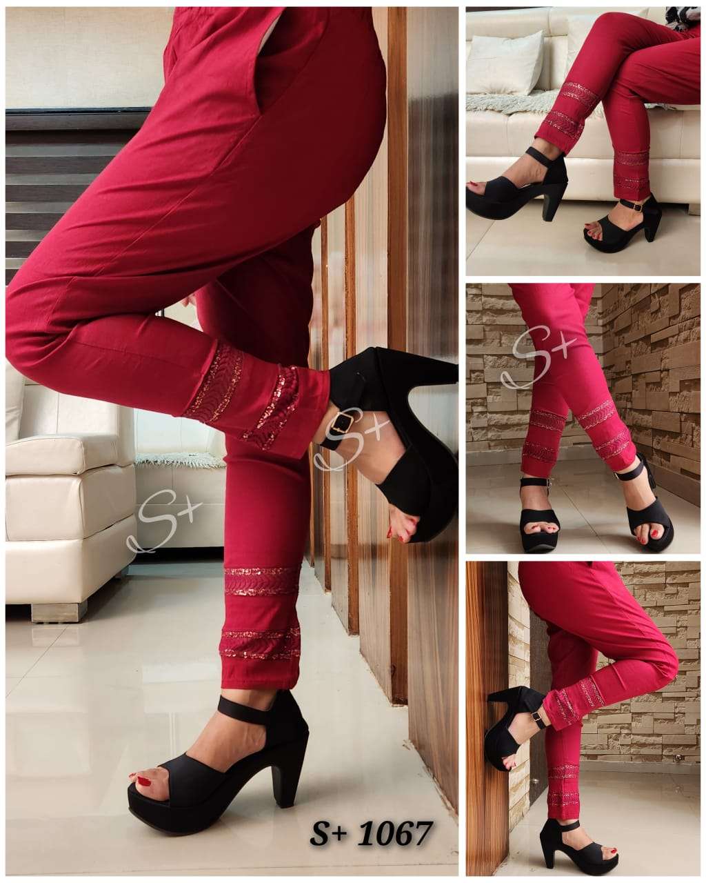 SPLUS CLASSY FANCY & DESIGNER COTTON LYCRA STRETCHABLE PANT WITH SEQUENCE  WORK EMBROIDERY & POCKETS - WHOLESALER AND DEALER