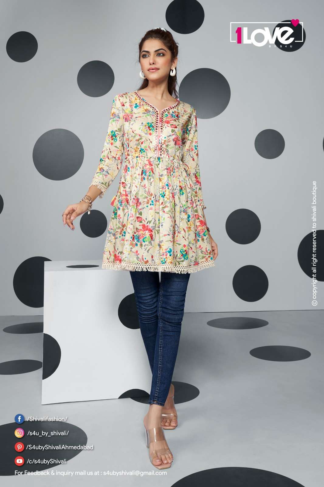 Buy Frock Style Short Kurti with Geometrical Print and Embroidery